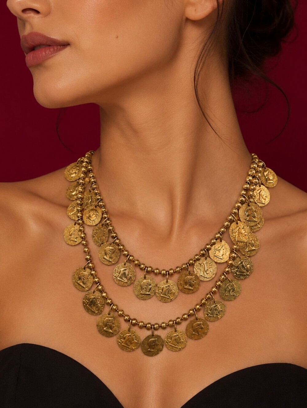Vintage Mid-century Byzantine Roman Empire Coin Double Beaded Chain Necklace